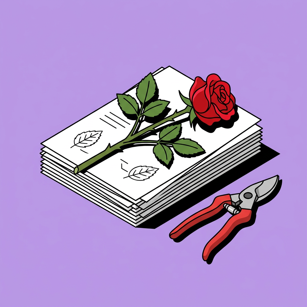 Illustration d'une pile de fiches de soin avec une rose et un sécateur