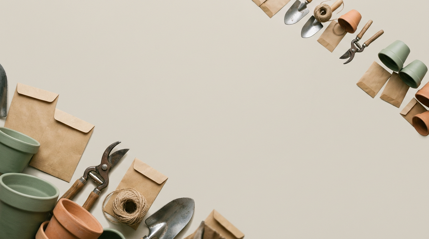 Pots, sachets de graines en papier kraft, sécateurs et truelles en cascade sur fond beige