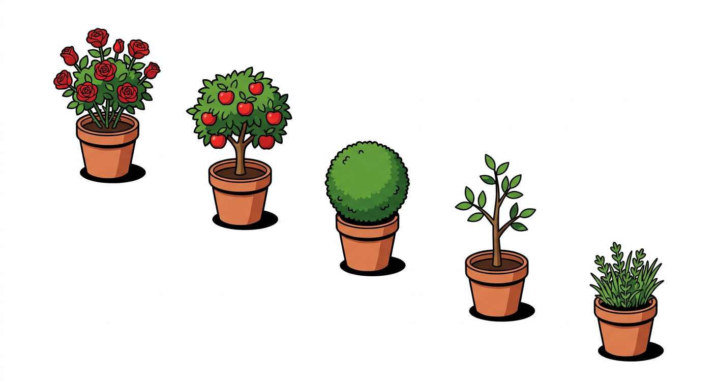 Illustration de cinq pots de terre cuite : rosiers, pommier, boule de buis, jeune arbre et herbes